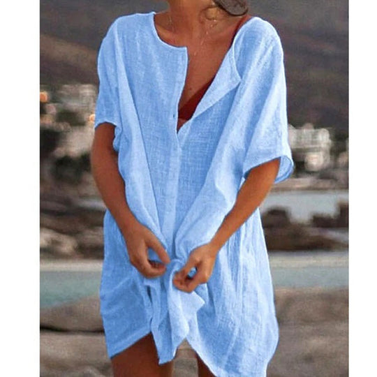 Damen Lässiges Strandkleid aus Leinen mit Knopfleiste und seitlichen Schlitzen