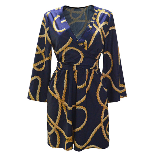 Damen Wickelkleid mit Seil-Print, V-Ausschnitt & tailliertem Bindegürtel Shop Nory