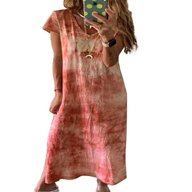 Damen Maxikleid mit kreativem Batikdesign und V-Ausschnitt