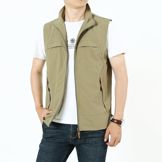 Herren Leichte Utility‑Outdoorweste mit Stehkragen, durchgehendem Reißverschluss und Multifunktionstaschen Shop Nory