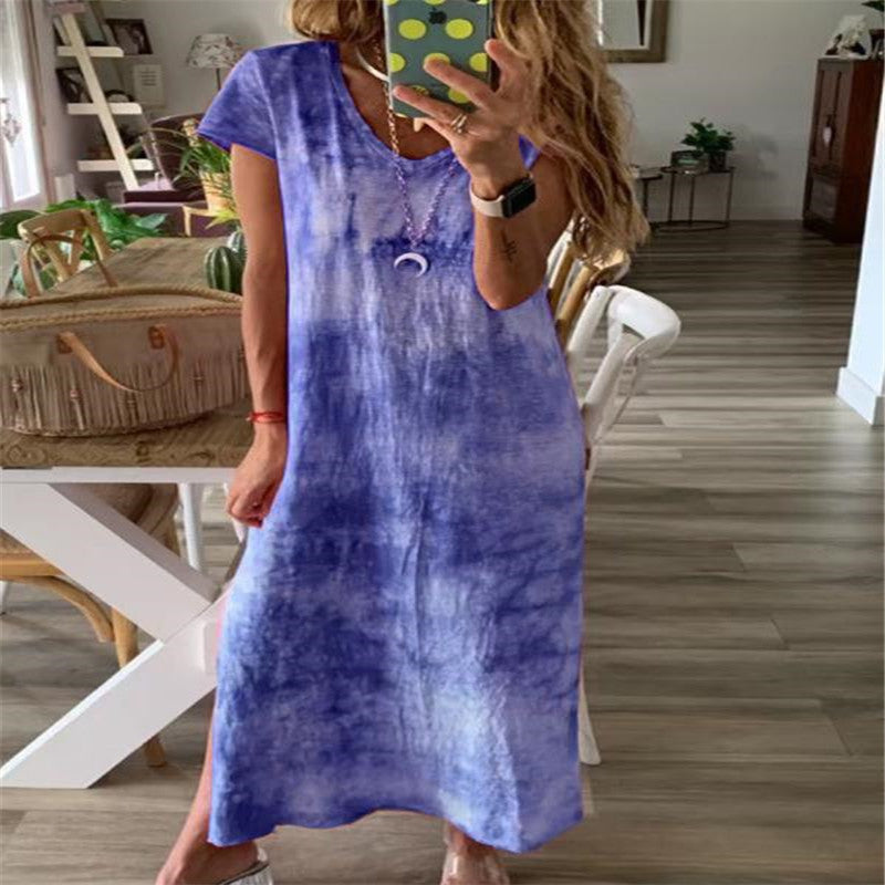 Damen Maxikleid mit kreativem Batikdesign und V-Ausschnitt