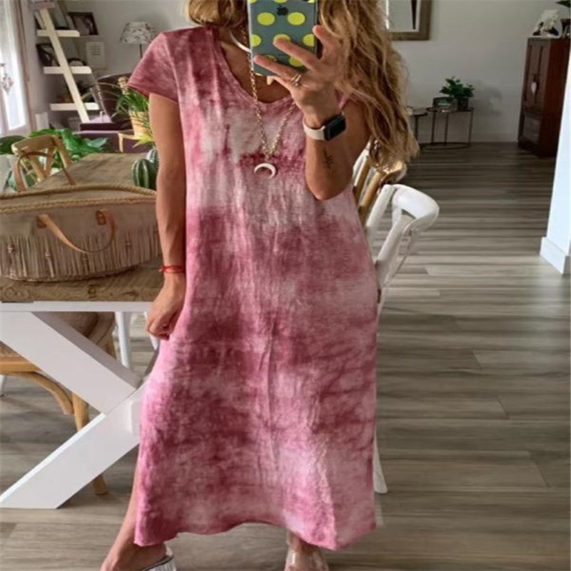 Damen Maxikleid mit kreativem Batikdesign und V-Ausschnitt