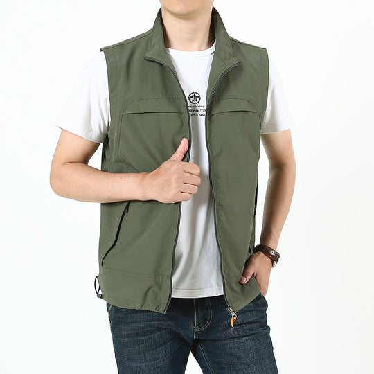 Herren Leichte Utility‑Outdoorweste mit Stehkragen, durchgehendem Reißverschluss und Multifunktionstaschen Shop Nory