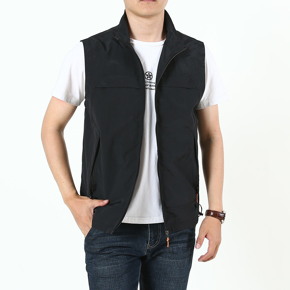 Herren Leichte Utility‑Outdoorweste mit Stehkragen, durchgehendem Reißverschluss und Multifunktionstaschen Shop Nory