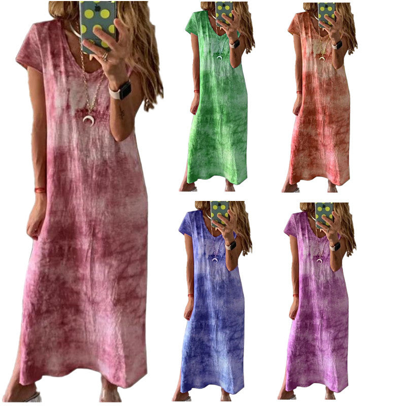Damen Maxikleid mit kreativem Batikdesign und V-Ausschnitt
