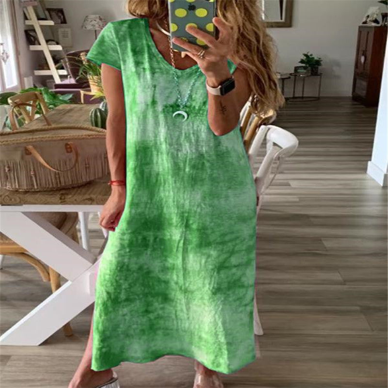 Damen Maxikleid mit kreativem Batikdesign und V-Ausschnitt