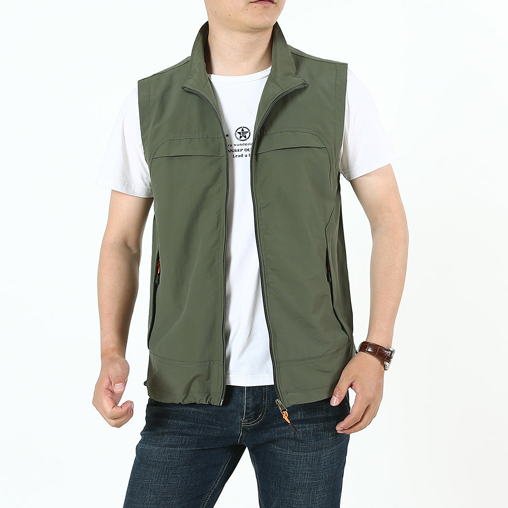 Herren Leichte Utility‑Outdoorweste mit Stehkragen, durchgehendem Reißverschluss und Multifunktionstaschen Shop Nory