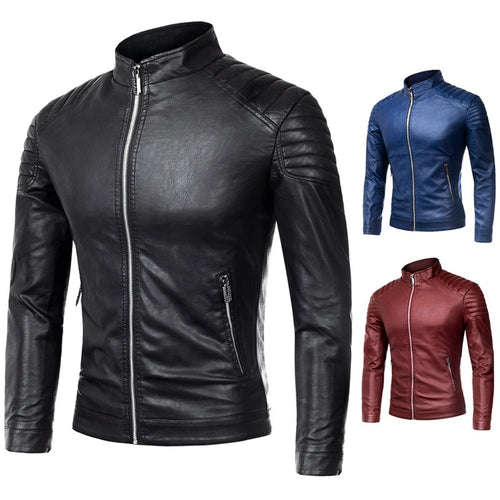 Herren Slim-Fit Kunstleder-Motorradblouson mit gesteppter Schulter und Stehkragen Shop Nory
