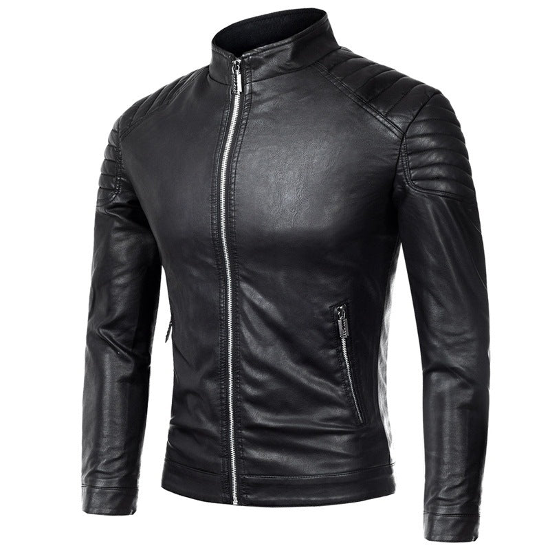 Herren Slim-Fit Kunstleder-Motorradblouson mit gesteppter Schulter und Stehkragen Shop Nory
