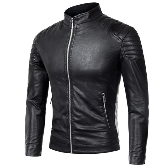 Herren Slim-Fit Kunstleder-Motorradblouson mit gesteppter Schulter und Stehkragen Shop Nory