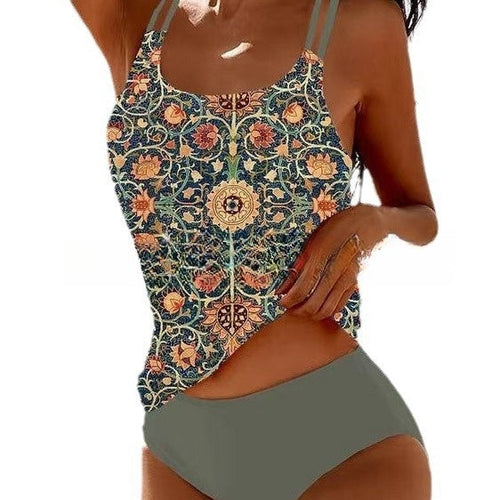 Retro Hochgeschnittenes Bikini mit Stranddruck