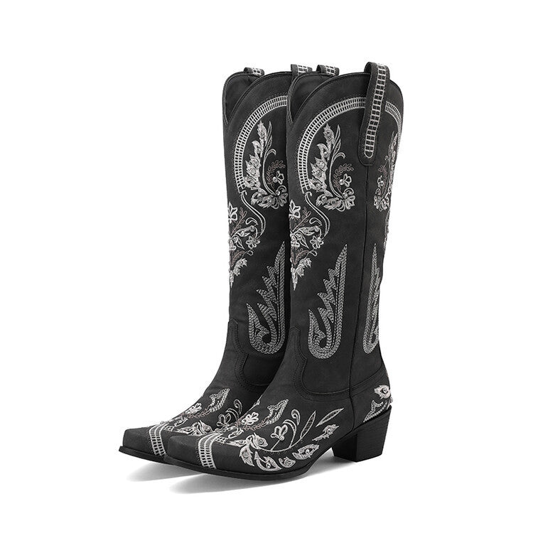 Bestickte Western Denim Retro Damen Knielange Stiefel