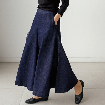 Damen Weite Denim Culotte-Hose mit Eingrifftaschen Shop Nory