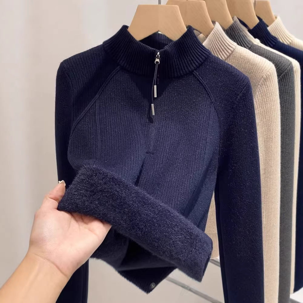 Damen-Strickpullover mit Reißverschluss und Innenfutter