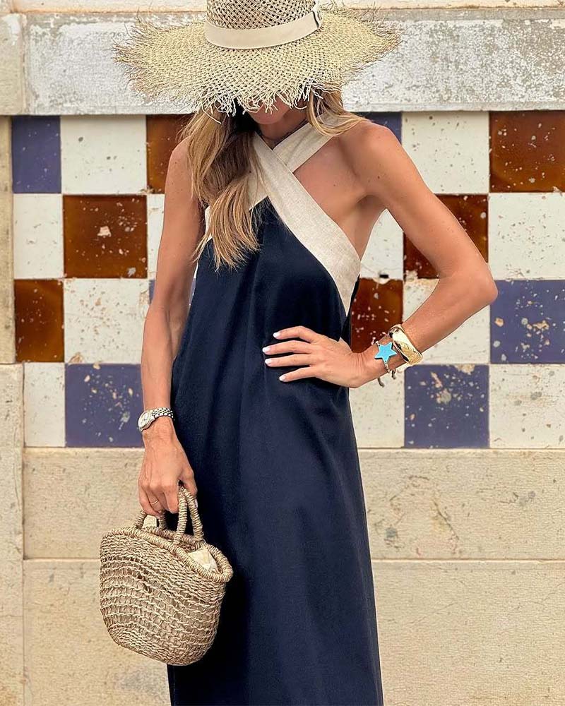 Kreuzförmig Rückenfreies Elegantes Kleid mit Kontrastfarbe