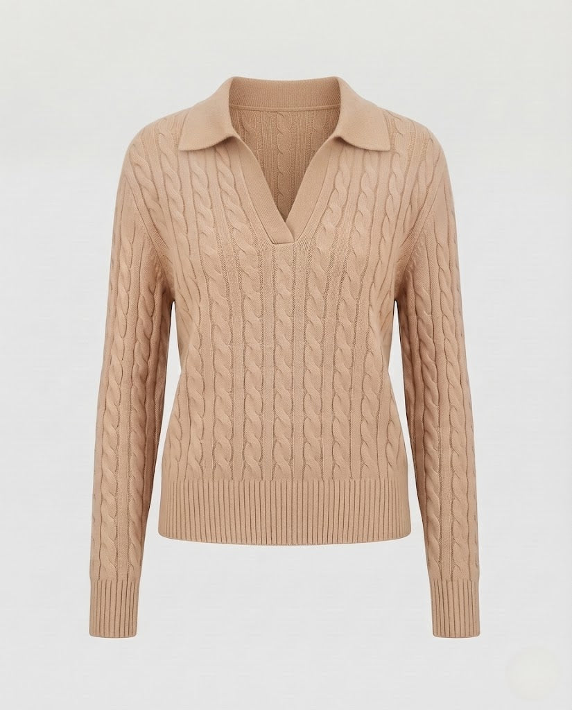 Damen Kabelstrick-Polo-Pullover mit V-Ausschnitt und weicher Feinstrick-Qualität Shop Nory