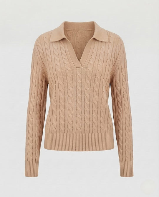 Damen Kabelstrick-Polo-Pullover mit V-Ausschnitt und weicher Feinstrick-Qualität Shop Nory