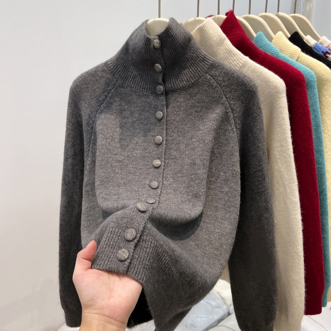 Damen-Strickjacke mit Stehkragen und Knopfleiste