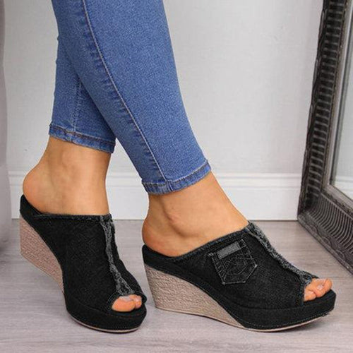 Damen Wedge-Pantoletten aus Denim mit modischem Fransen-Design