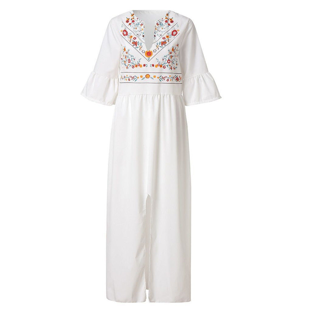 Damen Besticktes Maxikleid mit Trompetenärmeln, Taillennaht und Frontschlitz Shop Nory