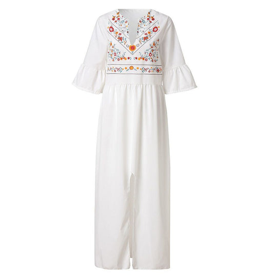 Damen Besticktes Maxikleid mit Trompetenärmeln, Taillennaht und Frontschlitz Shop Nory