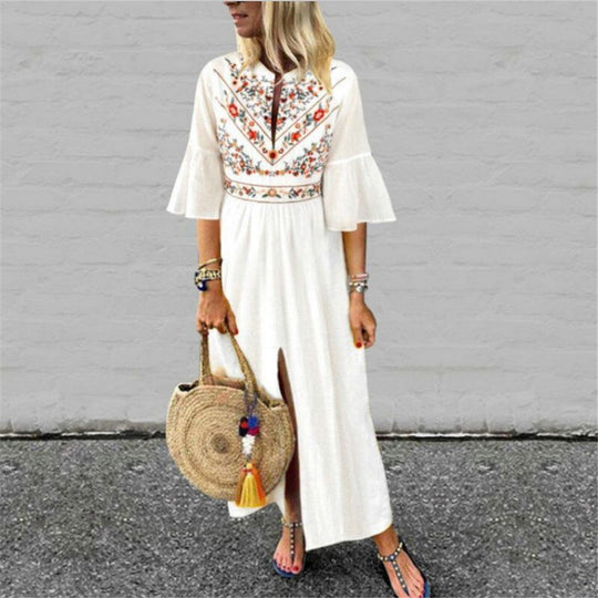 Damen Besticktes Maxikleid mit Trompetenärmeln, Taillennaht und Frontschlitz Shop Nory
