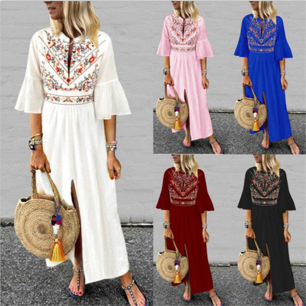 Damen Besticktes Maxikleid mit Trompetenärmeln, Taillennaht und Frontschlitz Shop Nory