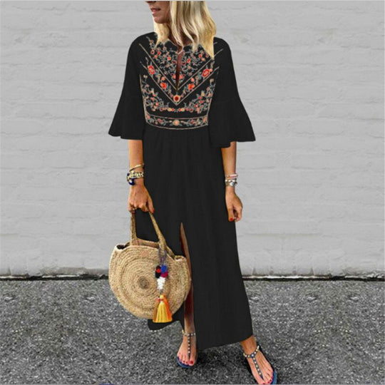Damen Besticktes Maxikleid mit Trompetenärmeln, Taillennaht und Frontschlitz Shop Nory