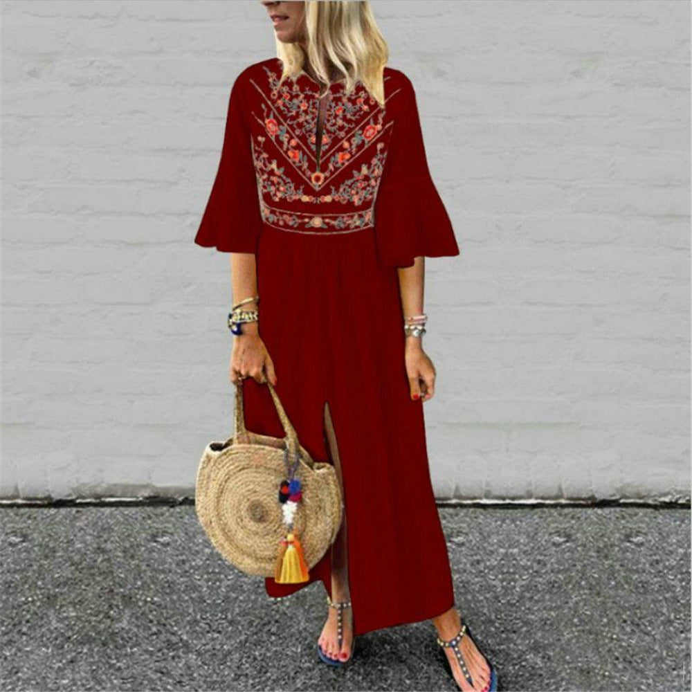 Damen Besticktes Maxikleid mit Trompetenärmeln, Taillennaht und Frontschlitz Shop Nory