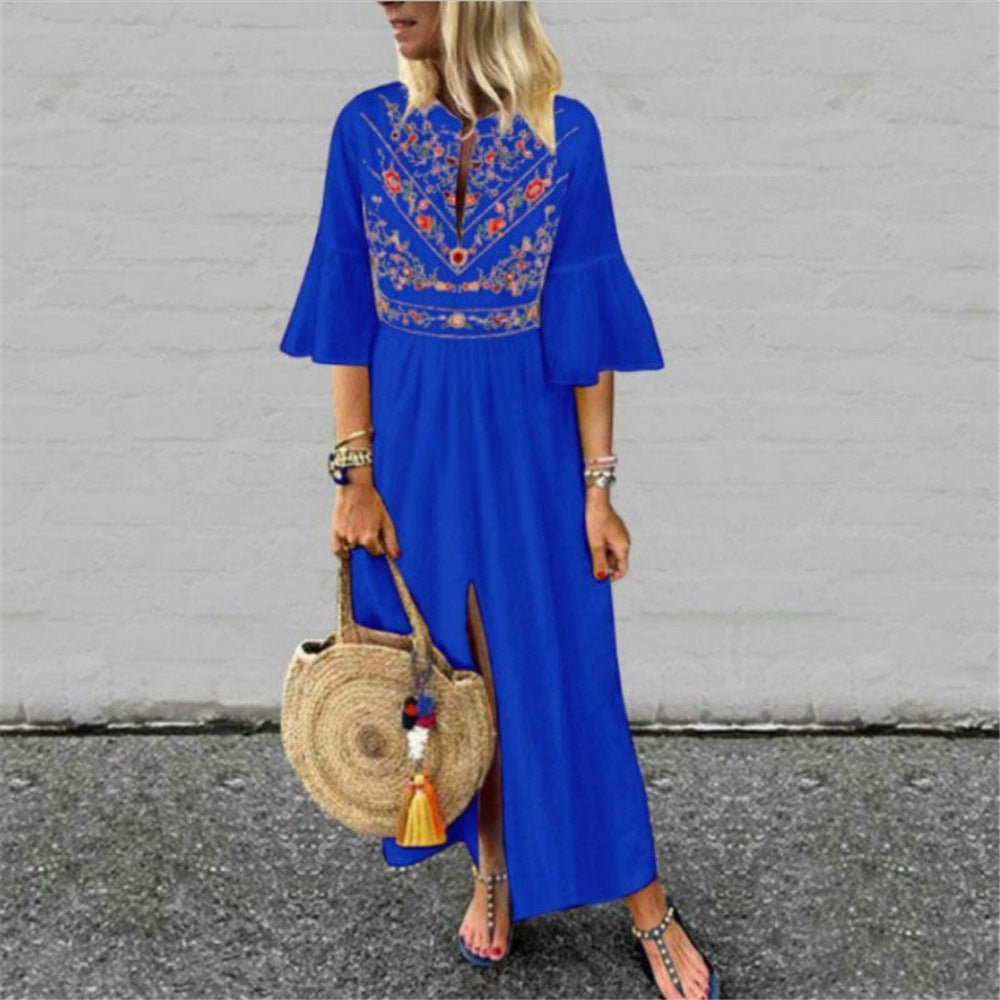 Damen Besticktes Maxikleid mit Trompetenärmeln, Taillennaht und Frontschlitz Shop Nory