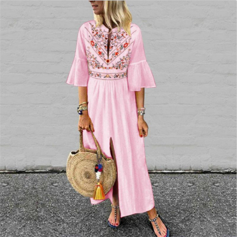 Damen Besticktes Maxikleid mit Trompetenärmeln, Taillennaht und Frontschlitz Shop Nory