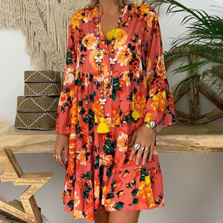 Damen nan A-Linien-Tunika-Minikleid mit V-Ausschnitt, stufigem Volant und Boho-Bandana-Print