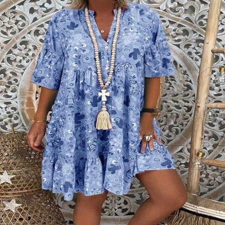 Damen nan A-Linien-Tunika-Minikleid mit V-Ausschnitt, stufigem Volant und Boho-Bandana-Print