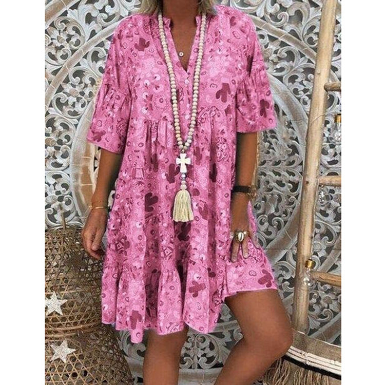 Damen nan A-Linien-Tunika-Minikleid mit V-Ausschnitt, stufigem Volant und Boho-Bandana-Print