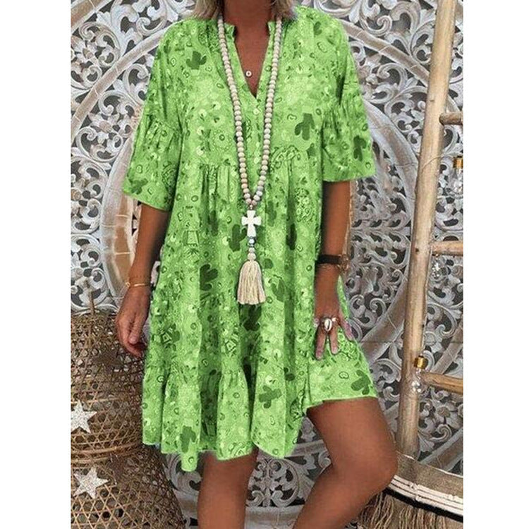 Damen nan A-Linien-Tunika-Minikleid mit V-Ausschnitt, stufigem Volant und Boho-Bandana-Print