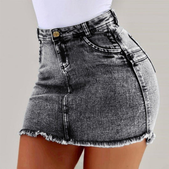 Damen Denimrock mit hohem Bund und fransigem Saum
