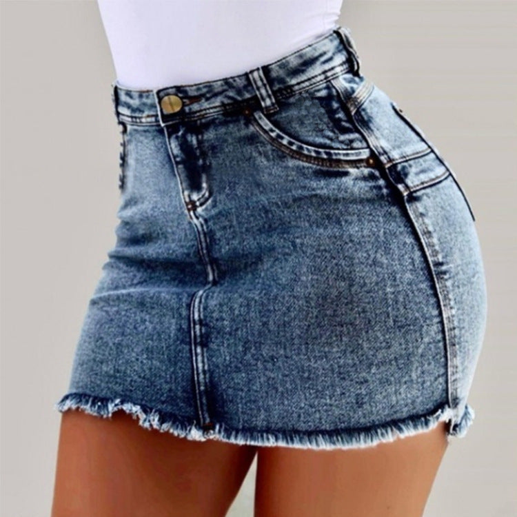 Damen Denimrock mit hohem Bund und fransigem Saum