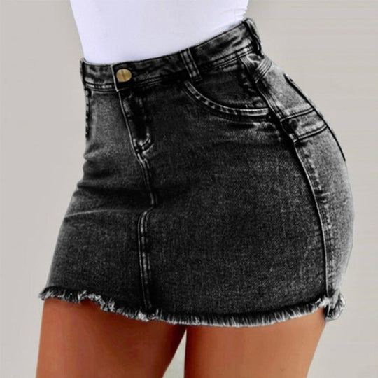 Damen Denimrock mit hohem Bund und fransigem Saum