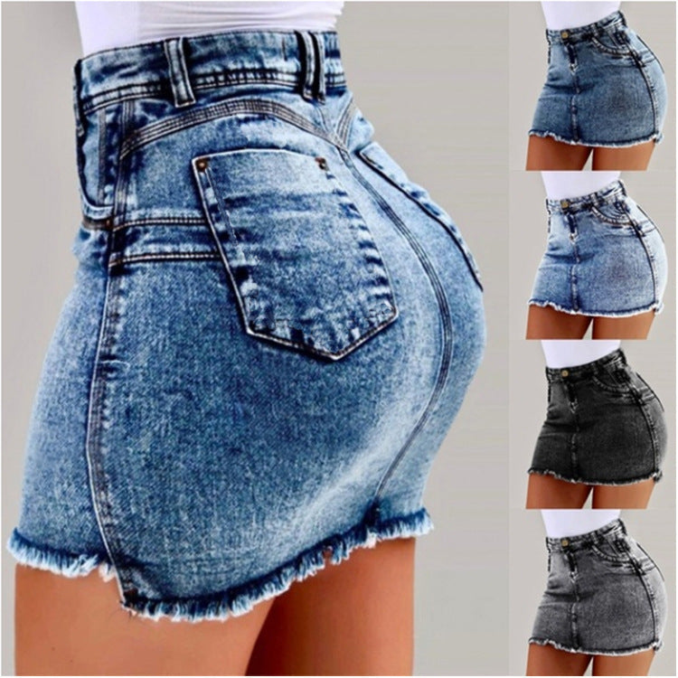 Damen Denimrock mit hohem Bund und fransigem Saum