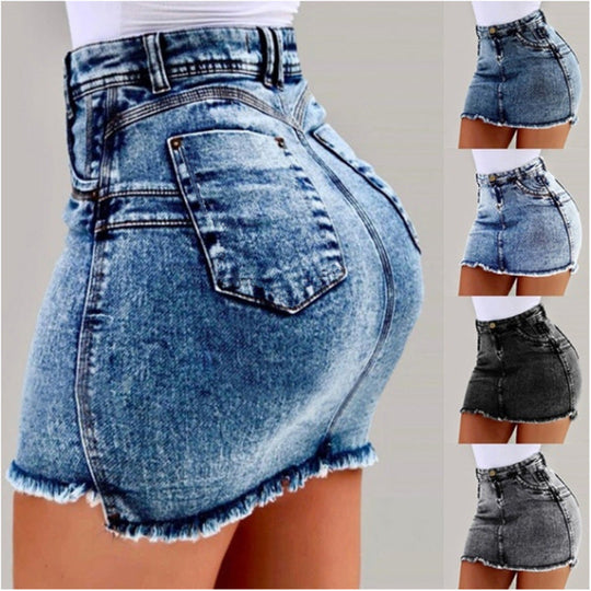 Damen Denimrock mit hohem Bund und fransigem Saum