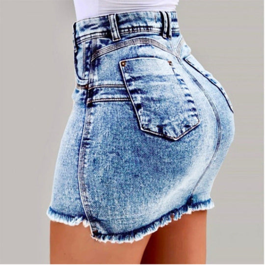 Damen Denimrock mit hohem Bund und fransigem Saum