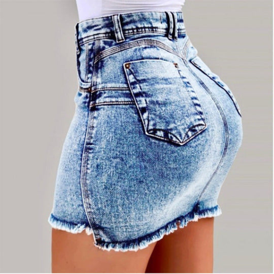 Damen Denimrock mit hohem Bund und fransigem Saum