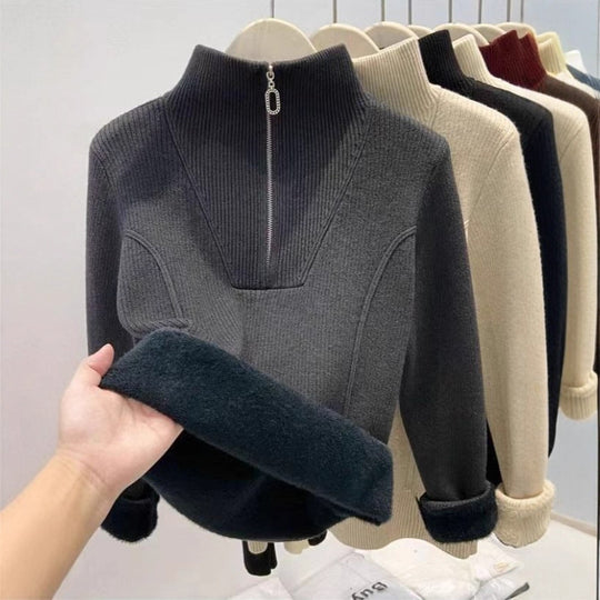 Damen-Strickpullover mit Stehkragen und Fleecefutter
