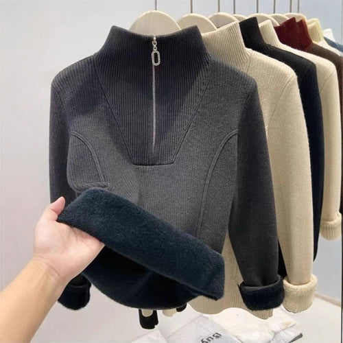 Damen-Strickpullover mit Stehkragen und Fleecefutter