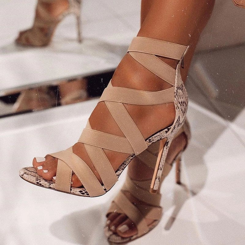 Damen elegante Stilettos mit verstellbaren Riemen und Schlangenleder-Optik