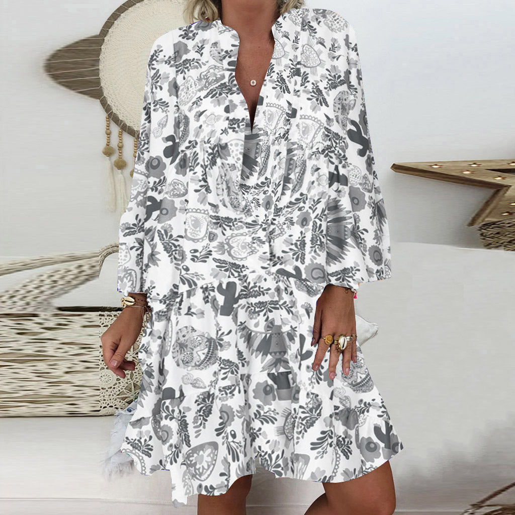 Damen nan A-Linien-Tunika-Minikleid mit V-Ausschnitt, stufigem Volant und Boho-Bandana-Print