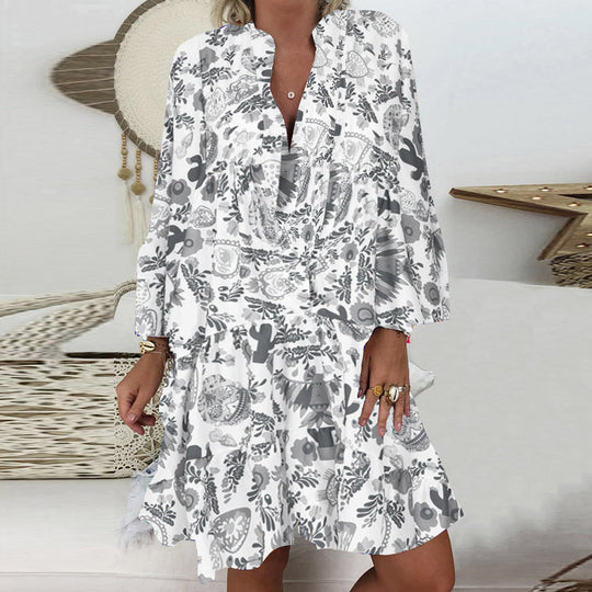Damen nan A-Linien-Tunika-Minikleid mit V-Ausschnitt, stufigem Volant und Boho-Bandana-Print