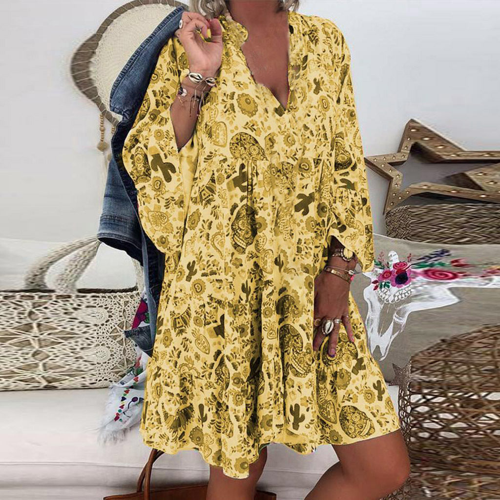 Damen nan A-Linien-Tunika-Minikleid mit V-Ausschnitt, stufigem Volant und Boho-Bandana-Print
