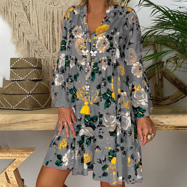 Damen nan A-Linien-Tunika-Minikleid mit V-Ausschnitt, stufigem Volant und Boho-Bandana-Print