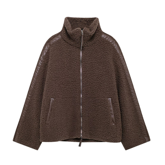 Damen-Teddyfleece-Jacke, Stehkragen, Reißverschluss, Oversized
